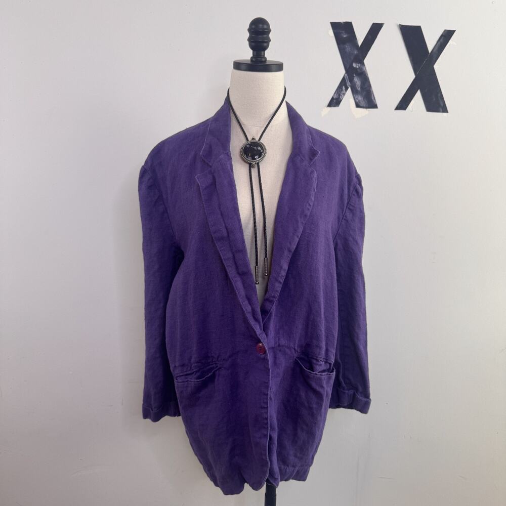 Vintage 90s Purple Linen Oversized Blazer Lightweight Minimal L
